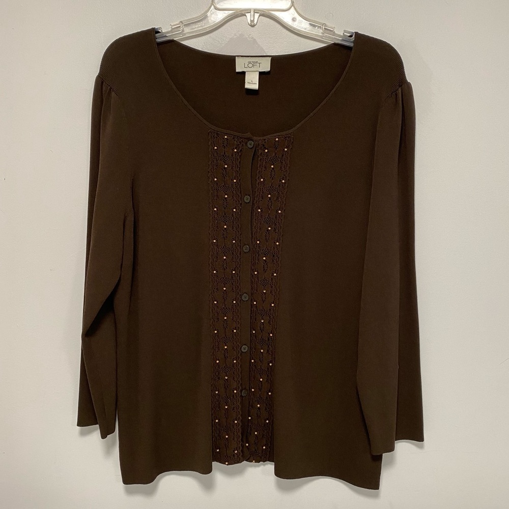 Brown embellished lace front button down cardigan